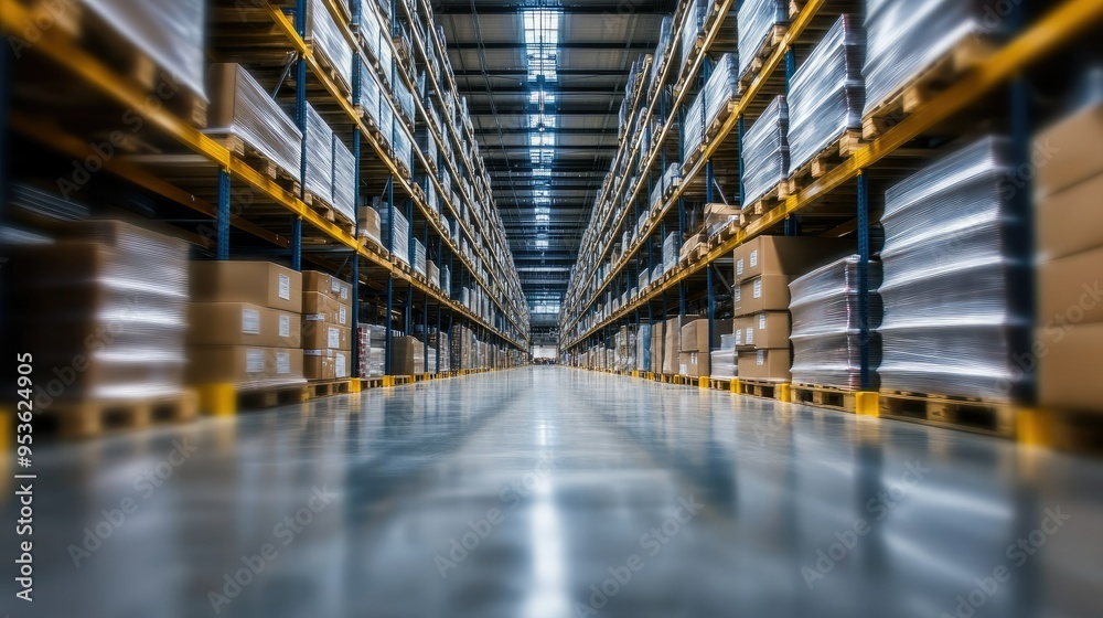 Blurred view of a modern warehouse interior, showcasing rows of shelves filled with goods, highlighting the expansive scale of logistics and industrial storage. Blurred view of a modern warehouse interior, showcasing rows of shelves filled with goods, highlighting the expansive scale of logistics and industrial storage.