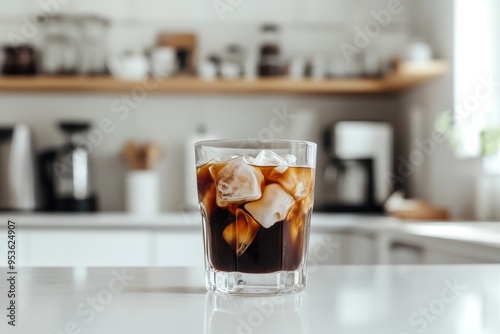 A glass of iced coffee with ice cubes on a countertop in a modern kitchen.