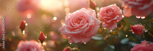 Pink romantic roses background, warm light, warm pink background