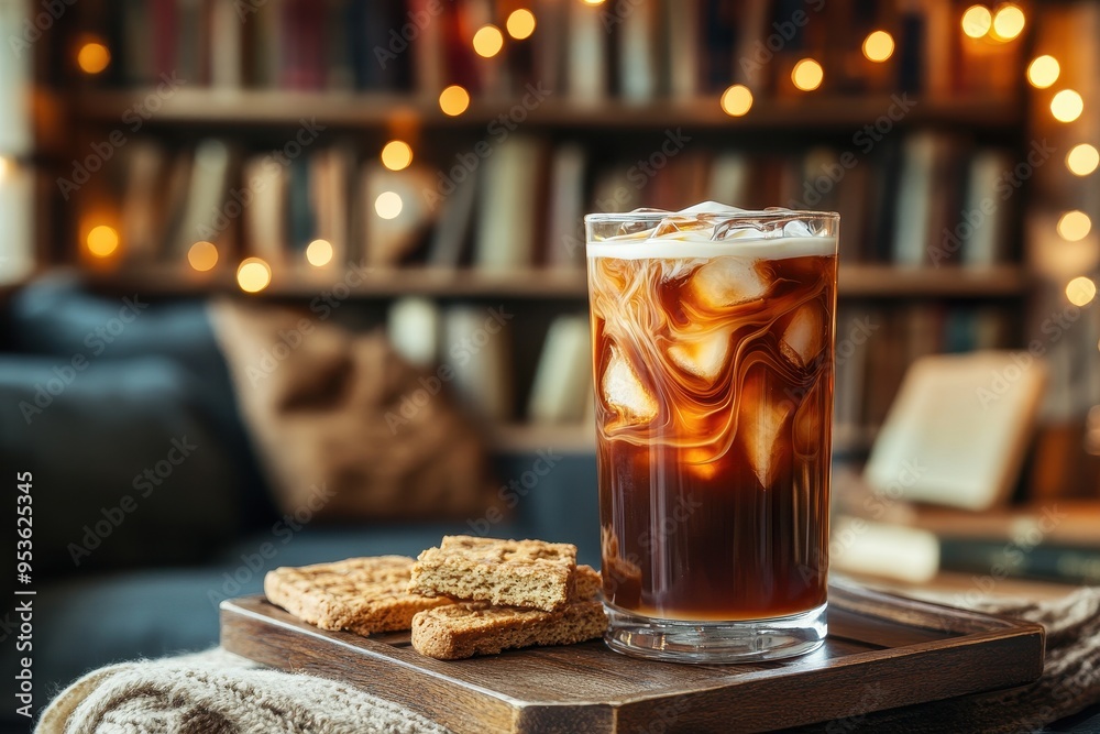 A glass of iced coffee with swirling cream, served with biscuits on a wooden tray. A glass of iced coffee with swirling cream, served with biscuits on a wooden tray.