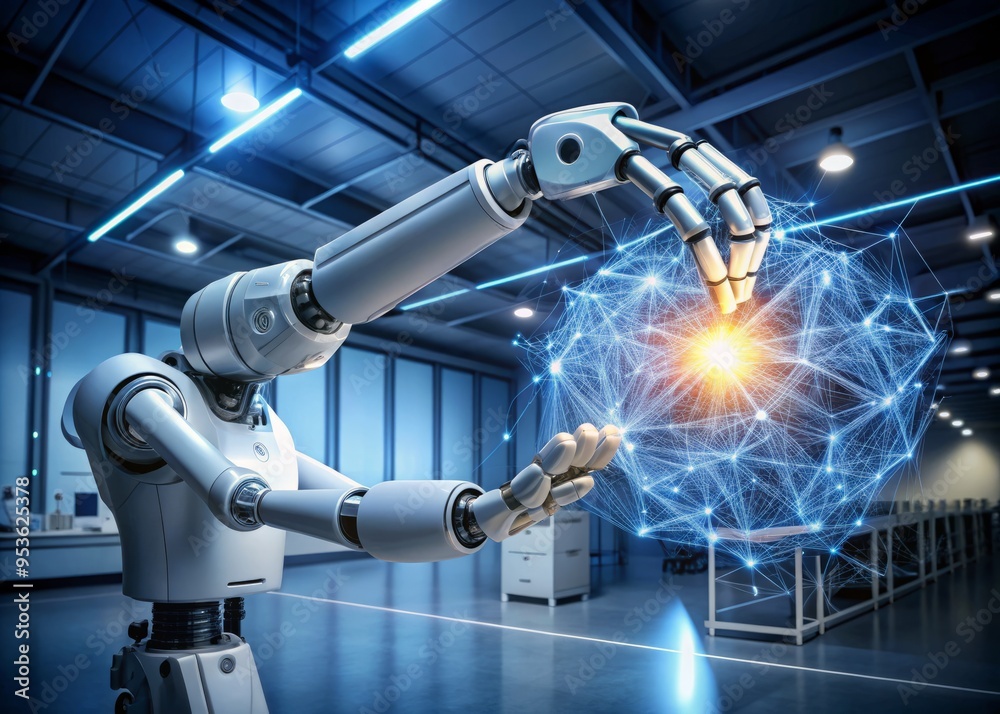 A futuristic robotic arm intersects with a glowing neural network, representing the fusion of artificial intelligence A futuristic robotic arm intersects with a glowing neural network, representing the fusion of artificial intelligence