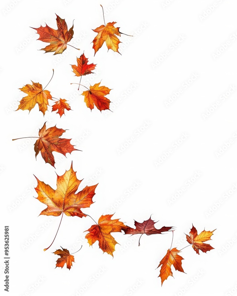 Maple autumn leaves falling to the ground, on white background. Maple autumn leaves falling to the ground, on white background.