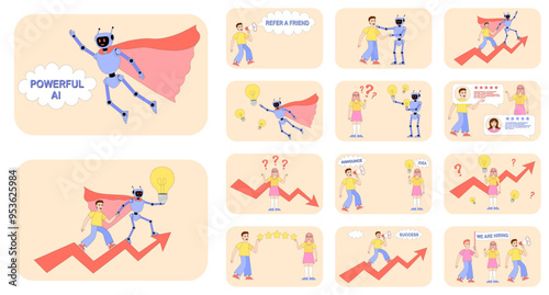 Human and robot are climbing to the top, finding solution, creating idea together. Concept of cooperation, partnership, sucess in business. Artificial intelligence. Refer a friend. Customer feedback.