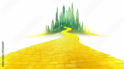 A shimmering yellow brick road meanders through a lively spring landscape,illustration