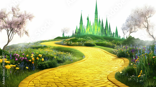 A magical yellow brick road winding through a vibrant spring landscape,