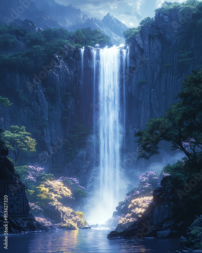 mystical waterfall cascading down a rocky cliff illuminated by moonlight with surrounding flowering trees in a tranquil fantasy landscape