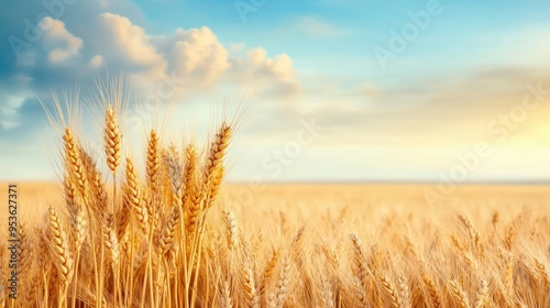 Golden wheat in motion, gentle wind, horizon stretching far beyond