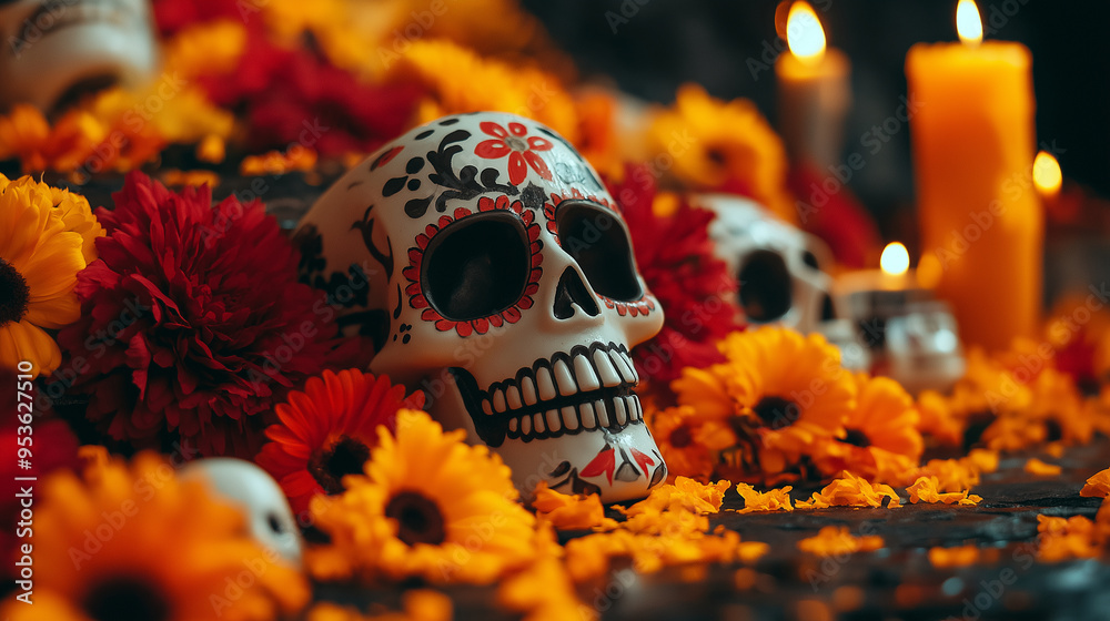 A detailed shot of a Day of the Dead altar with colorful flowers, candles, and sugar skulls. A detailed shot of a Day of the Dead altar with colorful flowers, candles, and sugar skulls.