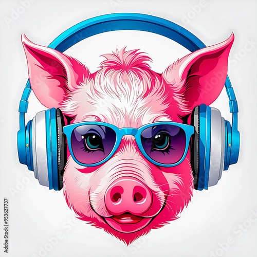 pig head with headphones and sunglasseslogo on white background. photo