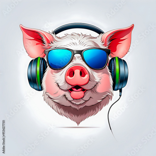 pig head with headphones and sunglasseslogo on white background. photo