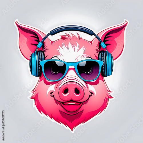 pig head with headphones and sunglasseslogo on white background. photo