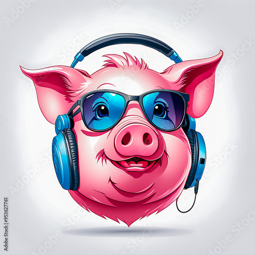 pig head with headphones and sunglasseslogo on white background. photo