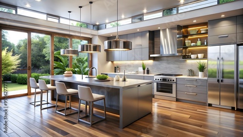 Contemporary open-plan kitchen with sleek, stainless-steel appliances