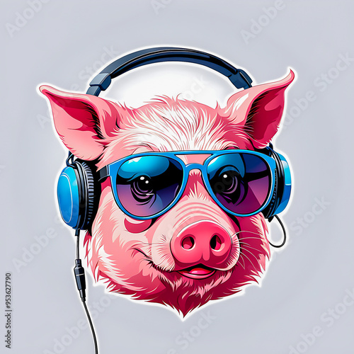 pig head with headphones and sunglasseslogo on white background. photo