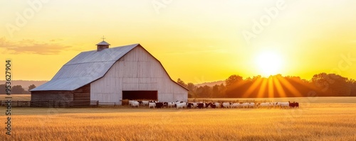 Livestock gathered near barn, expansive pastureland, rustic farm atmosphere