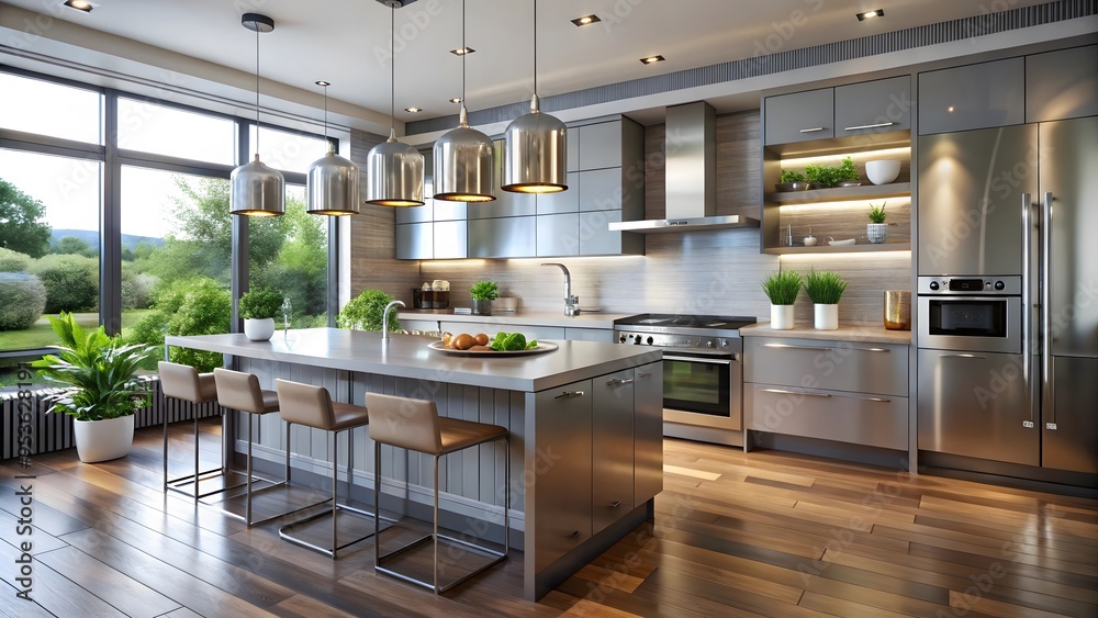 Contemporary open-plan kitchen with sleek, stainless-steel appliances Contemporary open-plan kitchen with sleek, stainless-steel appliances