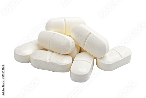 A close-up view of white pills stacked together, showcasing their smooth surfaces and oval shapes, ideal for health and wellness themes. isolated on a white background, transparent background.