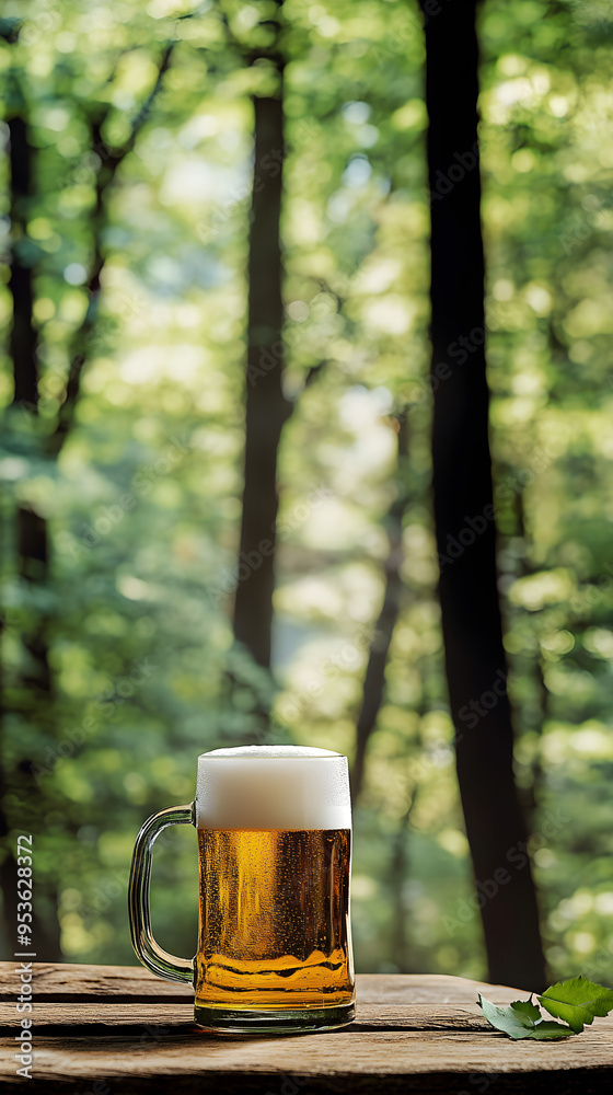 A clean simple beer mug placed on a picnic table surrounded by greenery creating a refreshing outdoor atmosphere A clean simple beer mug placed on a picnic table surrounded by greenery creating a refreshing outdoor atmosphere