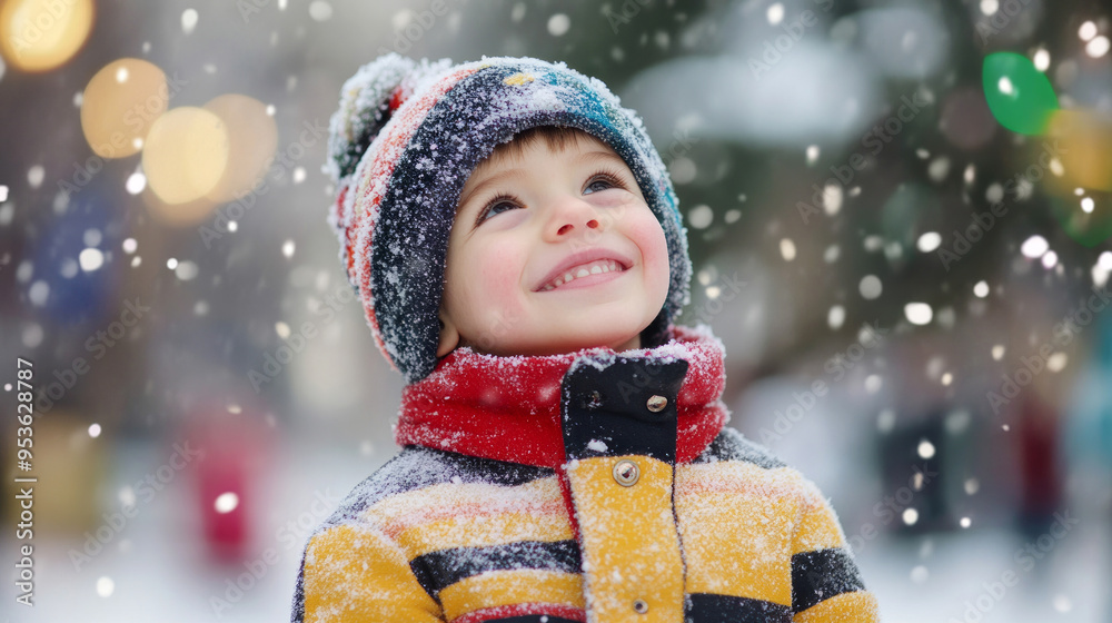 A cheerful child in a colorful jacket enjoys snowfall while looking up at the falling snowflakes during a winter day in the park A cheerful child in a colorful jacket enjoys snowfall while looking up at the falling snowflakes during a winter day in the park