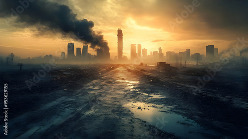 A desolate road leads towards a city skyline with smoke and haze in the air. photo