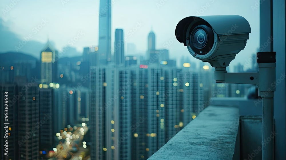 Close-up of a CCTV surveillance camera mounted on the rooftop of a high-rise building, overlooking the city skyline. Highlights its role in urban security. Close-up of a CCTV surveillance camera mounted on the rooftop of a high-rise building, overlooking the city skyline. Highlights its role in urban security.