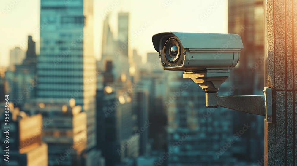 Close-up of a CCTV surveillance camera mounted on the rooftop of a high-rise building, overlooking the city skyline. Highlights its role in urban security. Close-up of a CCTV surveillance camera mounted on the rooftop of a high-rise building, overlooking the city skyline. Highlights its role in urban security.
