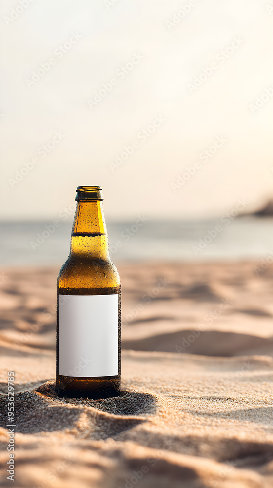 An empty beer bottle stands on the sandy beach, featuring a clean blank label against a backdrop of the serene ocean and warm sunlight An empty beer bottle stands on the sandy beach, featuring a clean blank label against a backdrop of the serene ocean and warm sunlight
