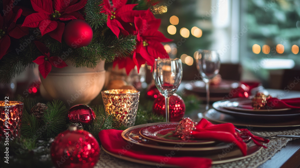 Elegant holiday dining table setting with red decorations and festive ambiance in a cozy space during the winter season Elegant holiday dining table setting with red decorations and festive ambiance in a cozy space during the winter season