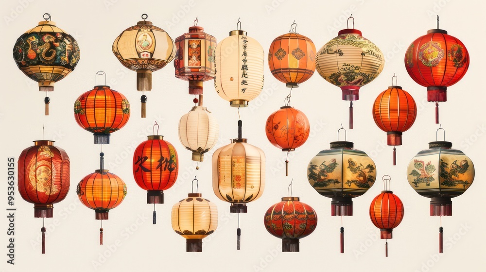 A dazzling array of traditional Chinese lanterns, adorned with intricate calligraphy and auspicious symbols, casting a warm glow against an elegant white background A dazzling array of traditional Chinese lanterns, adorned with intricate calligraphy and auspicious symbols, casting a warm glow against an elegant white background