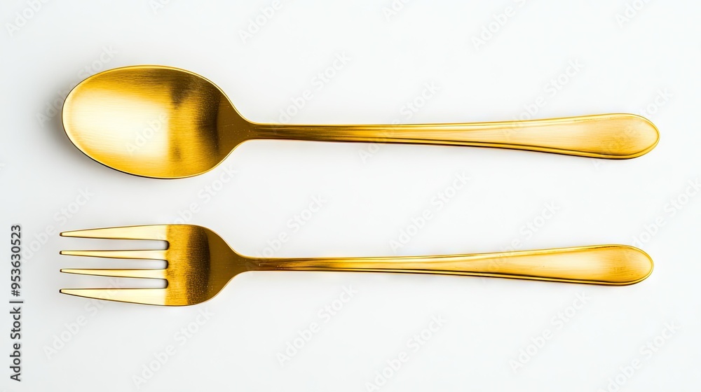 Close-up of a luxurious golden spoon and fork placed elegantly on a white background. The simplicity of the setting highlights the opulence of the utensils. Close-up of a luxurious golden spoon and fork placed elegantly on a white background. The simplicity of the setting highlights the opulence of the utensils.
