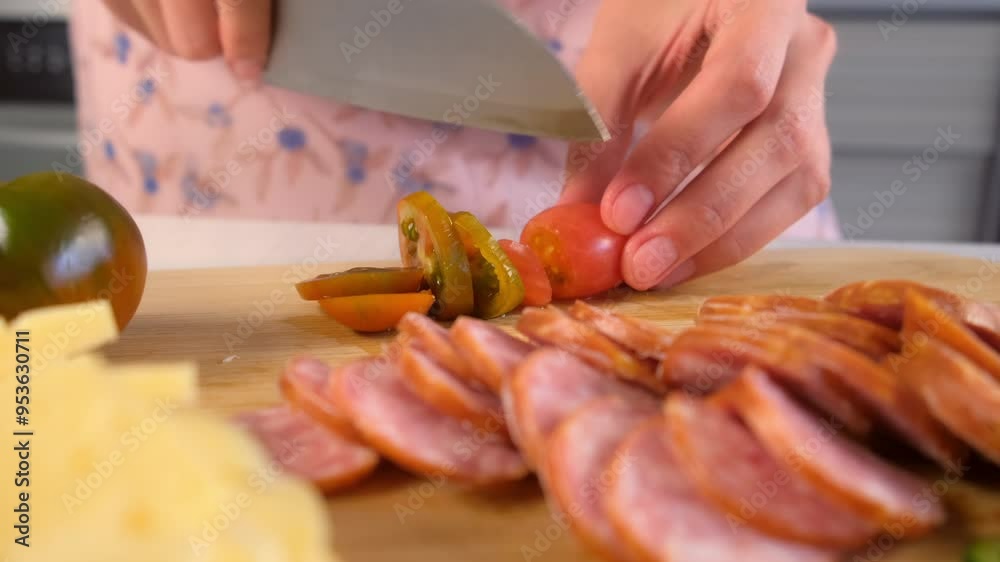 Woman cooking cutting tomatoes on thin slices using knife on wooden board. Hands of woman cook sandwiches on kitchen at home. Meat delicacy for cooking pizza, other dishes. Preparing snack food. Woman cooking cutting tomatoes on thin slices using knife on wooden board. Hands of woman cook sandwiches on kitchen at home. Meat delicacy for cooking pizza, other dishes. Preparing snack food.