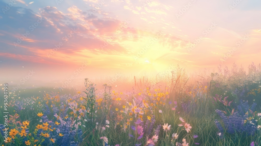 A dreamy sunrise over a field of wildflowers, with wispy clouds creating a soft, ethereal glow. A dreamy sunrise over a field of wildflowers, with wispy clouds creating a soft, ethereal glow.