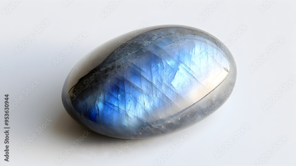 Polished Moonstone with Soft Blue Sheen Resting on White Surface Polished Moonstone with Soft Blue Sheen Resting on White Surface