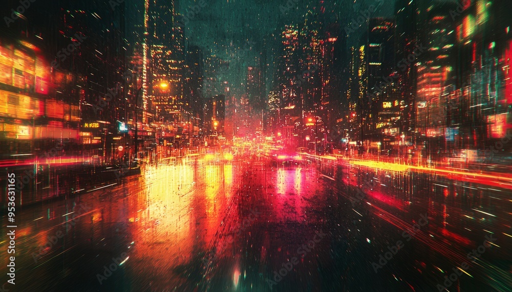 Fototapeta premium Nighttime Cityscape Reflected in Wet Pavement