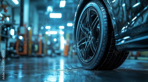 Detailed close-up of a car tire in a modern automotive workshop, highlighting vehicle maintenance and industry service concepts.