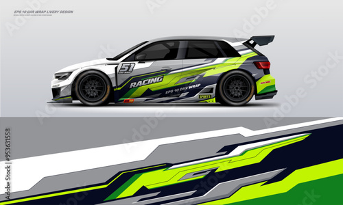 Sporty Racing Car wrap green livery design. branding mockup with racing wrap decal or livery design