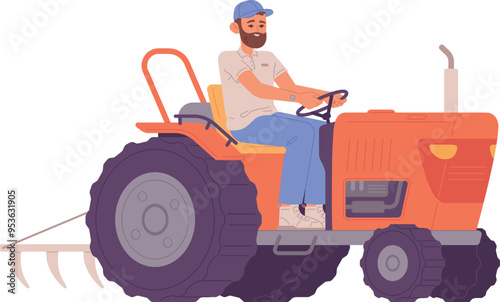 Man riding tractor. Farmer character. Field work
