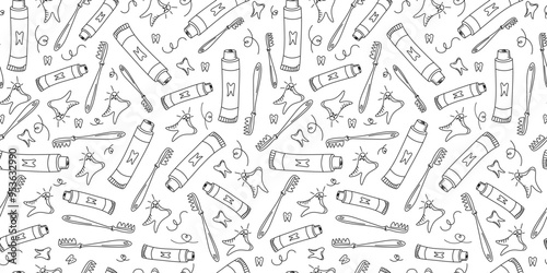 Pattern, dental icons. Toothbrush, toothpaste, teeth. Cleaning and dental care. Healthy clean tooth. Drawings, Doodle. Seamless background.