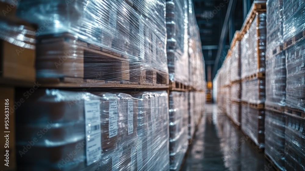 Close-up of plastic-wrapped cartons stacked on pallets in a storage warehouse. Highlights the efficiency of inventory management and supply chain operations. Close-up of plastic-wrapped cartons stacked on pallets in a storage warehouse. Highlights the efficiency of inventory management and supply chain operations.