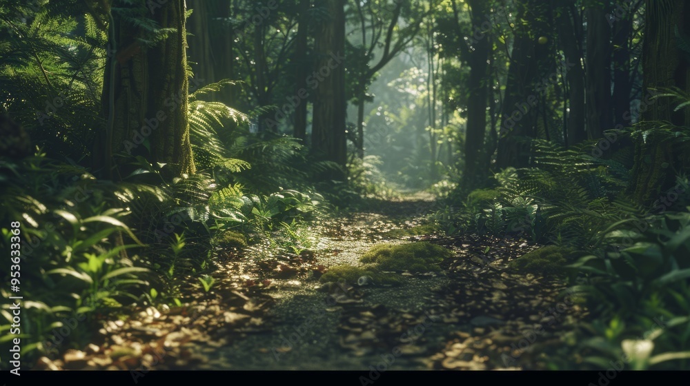 Fototapeta premium A forest path with the camera positioned at ground level, capturing the intricate details of the forest floor
