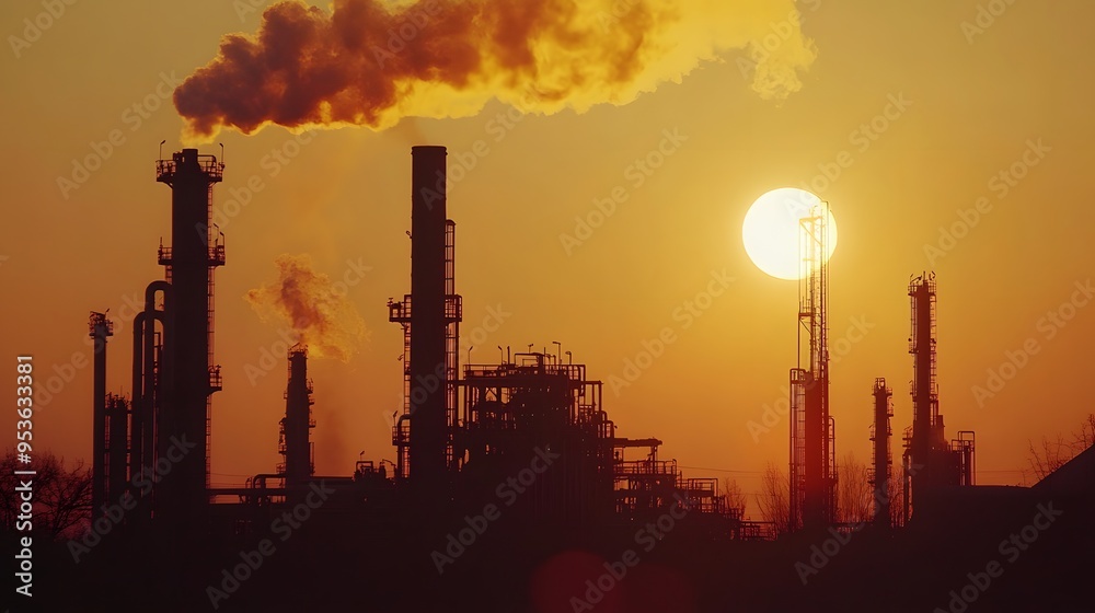 A large industrial plant with many tall towers and a lot of pipes. The sky is cloudy and the sun is not visible A large industrial plant with many tall towers and a lot of pipes. The sky is cloudy and the sun is not visible