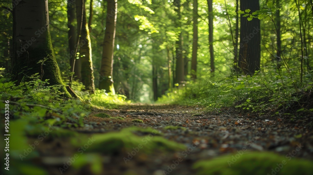 Fototapeta premium A forest path with the camera positioned at ground level, capturing the intricate details of the forest floor
