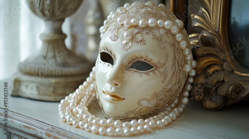 White and gold venetian mask with delicate details is lying on an antique vanity with a pearl necklace photo