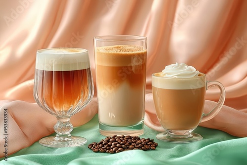 Assorted Coffee Drinks Against Soft Pastel Background with Coffee Beans