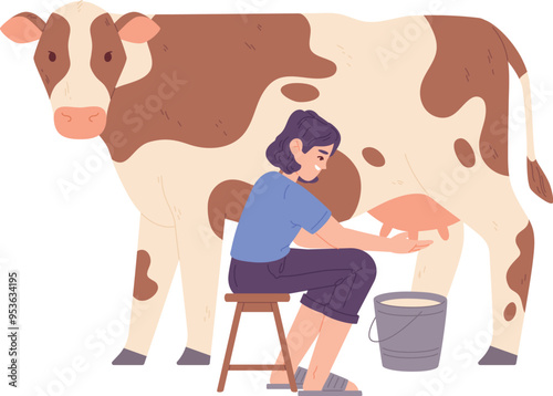 Woman milking cow. Farm dairy production illustration