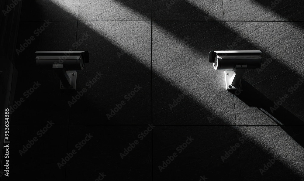 Monochrome Security Cameras in Dramatic Light Patterns on Black Wall Monochrome Security Cameras in Dramatic Light Patterns on Black Wall