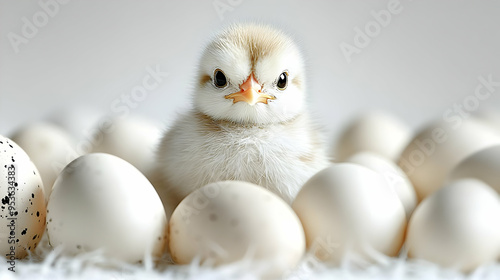 A fluffy chick sits among w...
