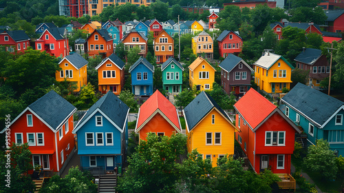 An aerial view of an urban neighborhood with rows and rows of colorful houses