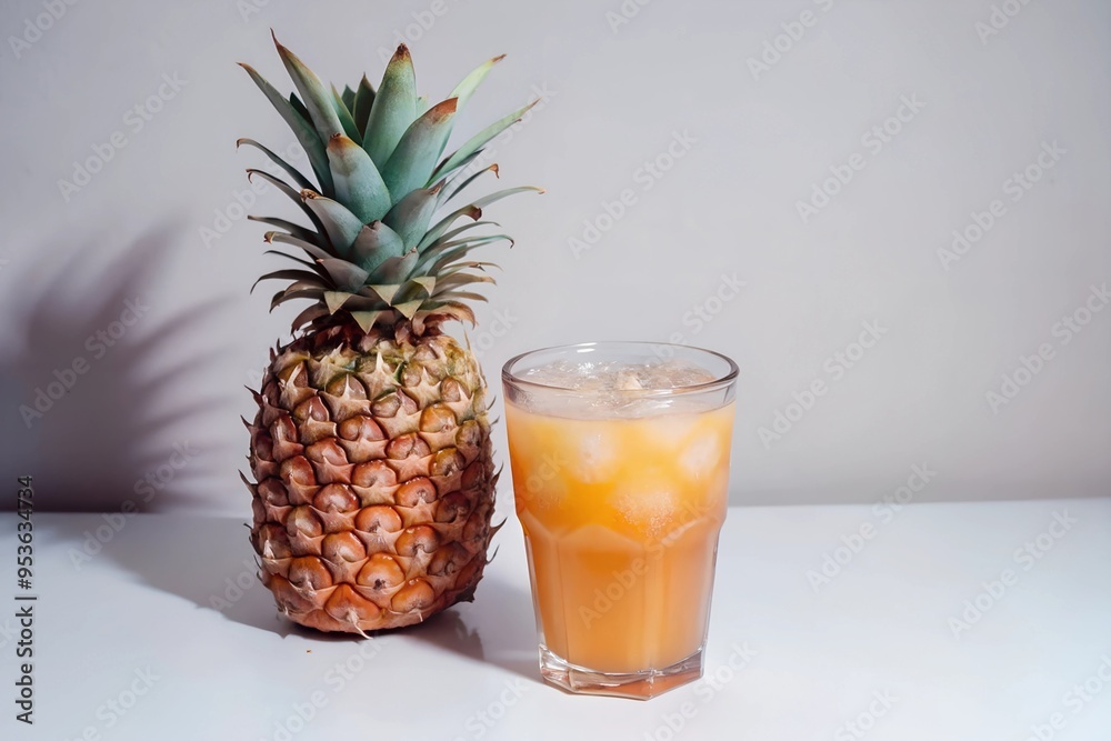 Refreshing Cold Pineapple Juice with Whole Pineapple on White Background in Old Vintage Retro Style Refreshing Cold Pineapple Juice with Whole Pineapple on White Background in Old Vintage Retro Style