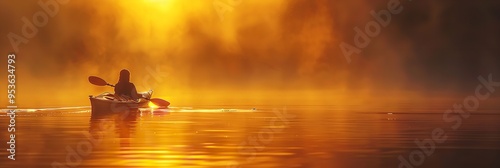 As the sun rises, a lone woman kayaks on a tranquil lake. Generative Ai